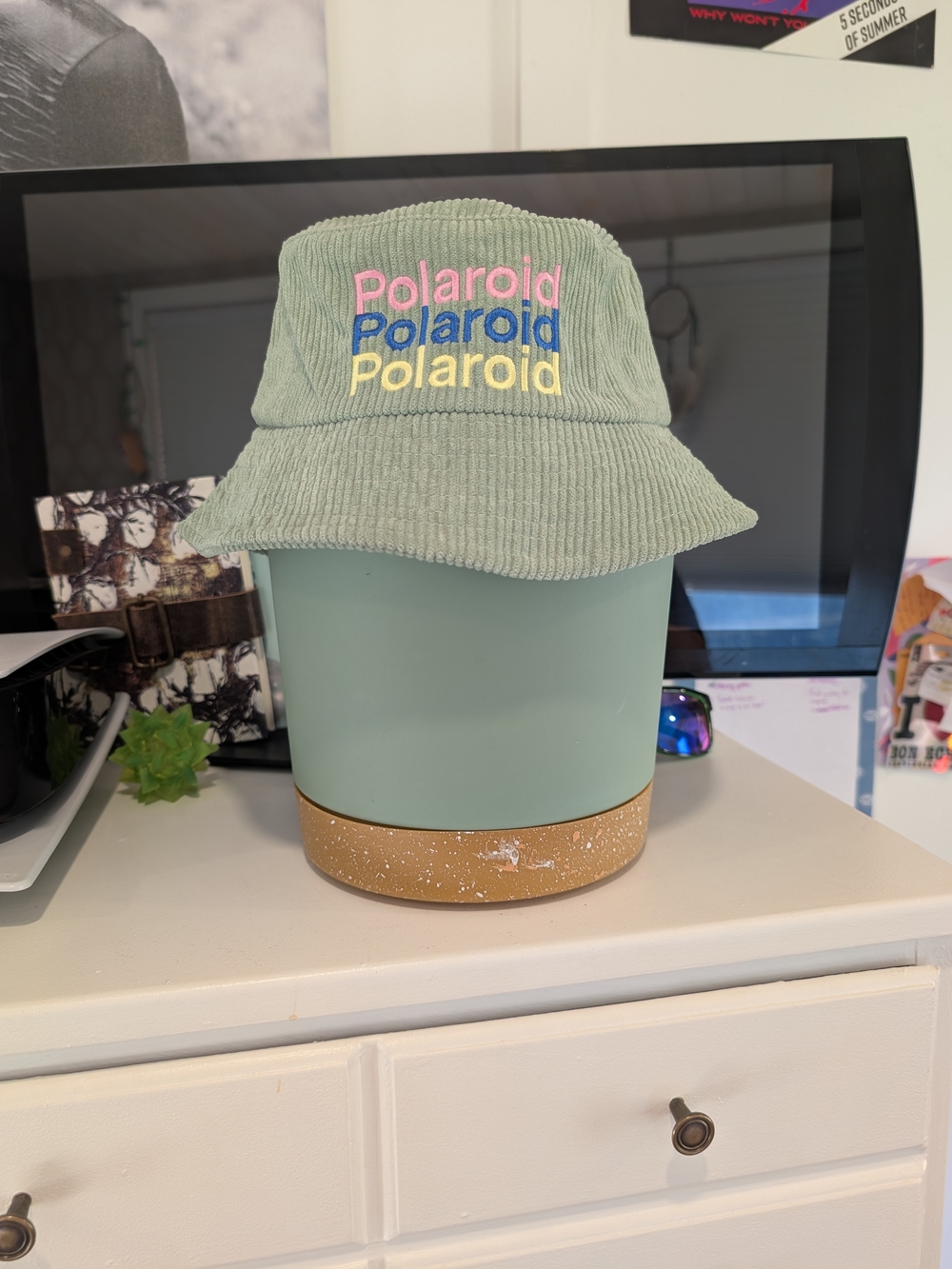 Adult Polaroid Corduroy Bucket Hat in Sage with Pink, Blue & Yellow Logo